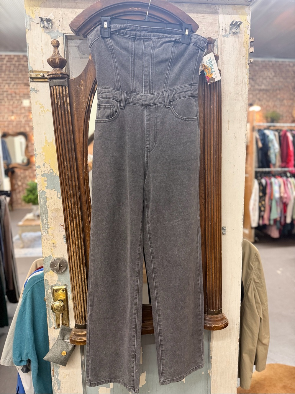 PrettyLittleThing Washed Black Denim Strapless Jumpsuit ladies size 4